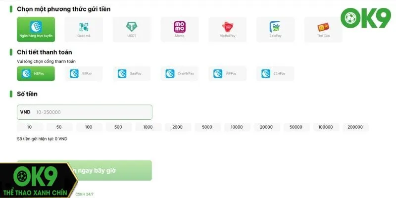 Hướng dẫn người chơi nạp tiền OK9 với các phương thức trực tuyến
